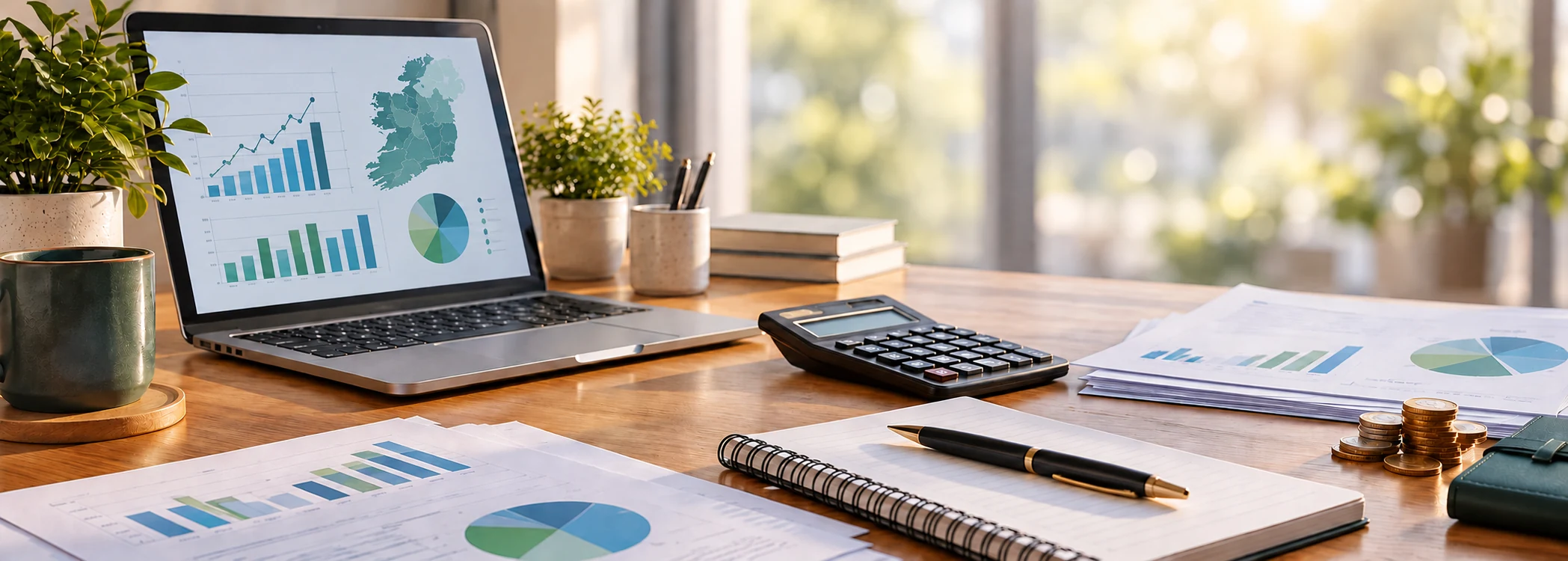 Irish small business budgeting workspace with financial charts and an Ireland map.