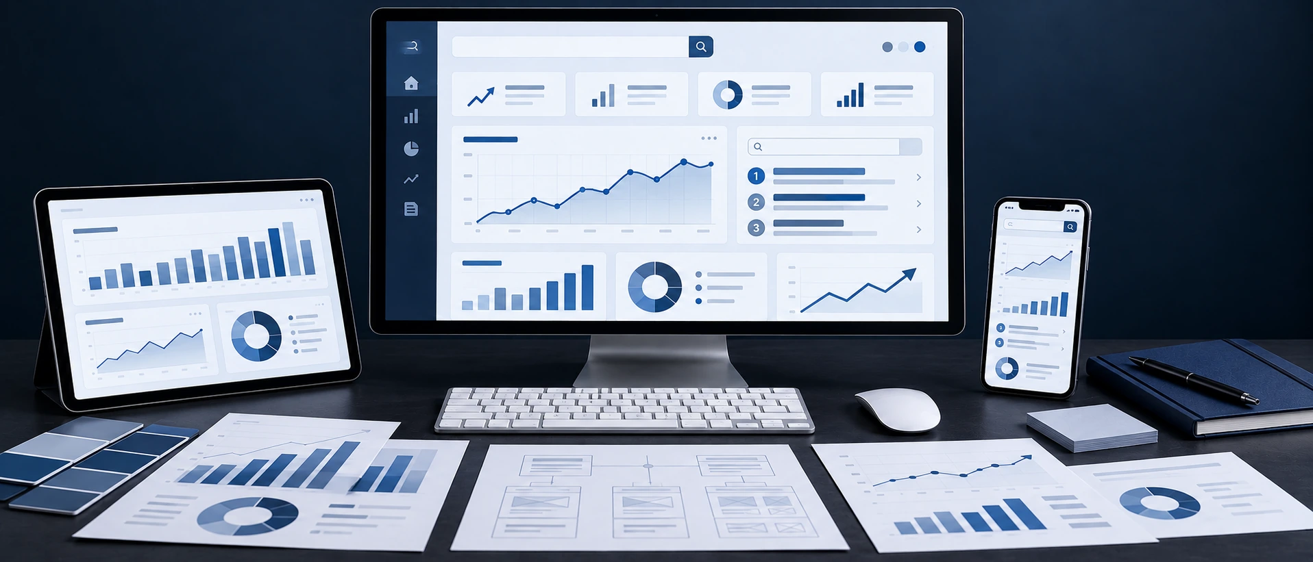 A desk with a desktop monitor, tablet and phone showing website dashboards, surrounded by printed charts, wireframes and colour swatches.