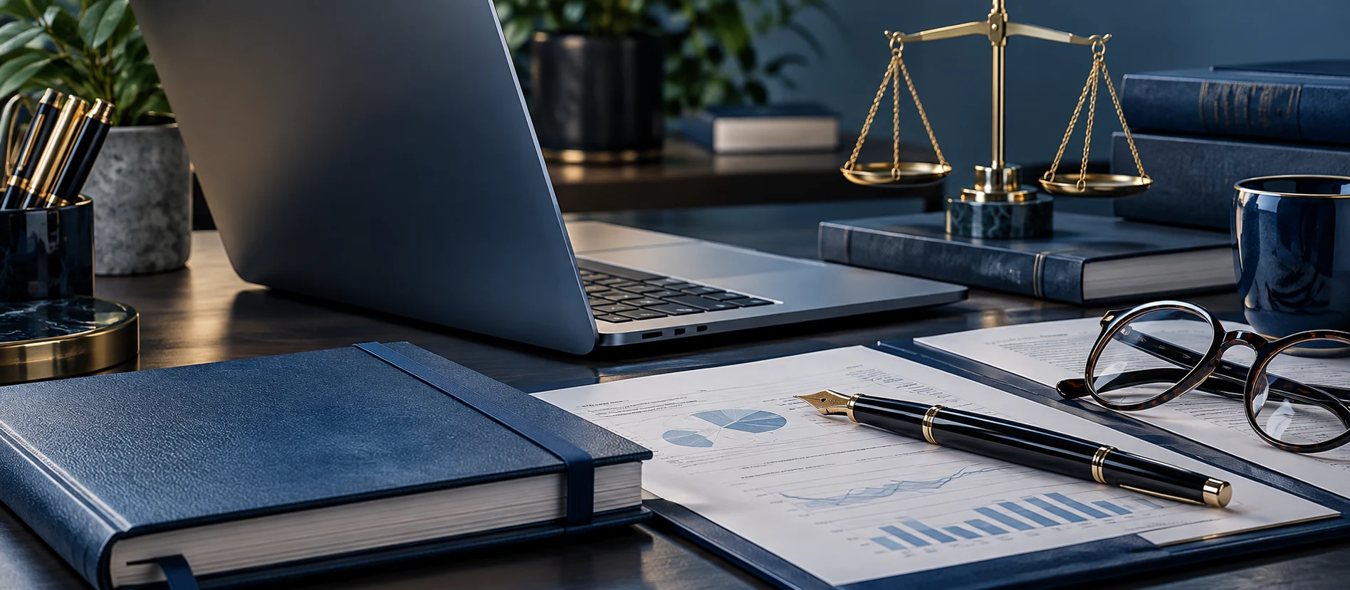 A laptop, notebook, fountain pen, glasses, printed charts and a set of scales on a professional’s desk.