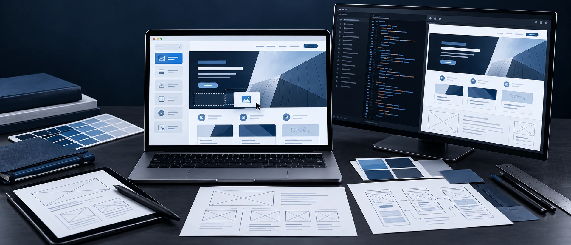 A laptop showing a drag-and-drop website builder beside a monitor with code and a finished web page, with wireframe sketches and colour swatches on the desk.